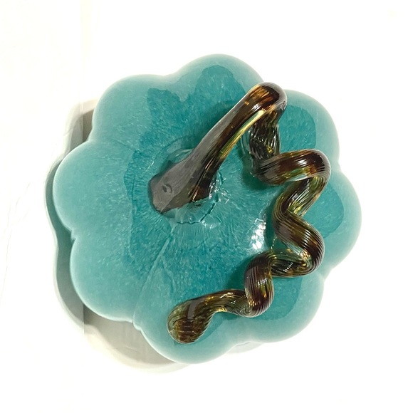 Dusty Blue Blown Glass Pumpkin With Brown Curly Stem 6" - Picture 8 of 8